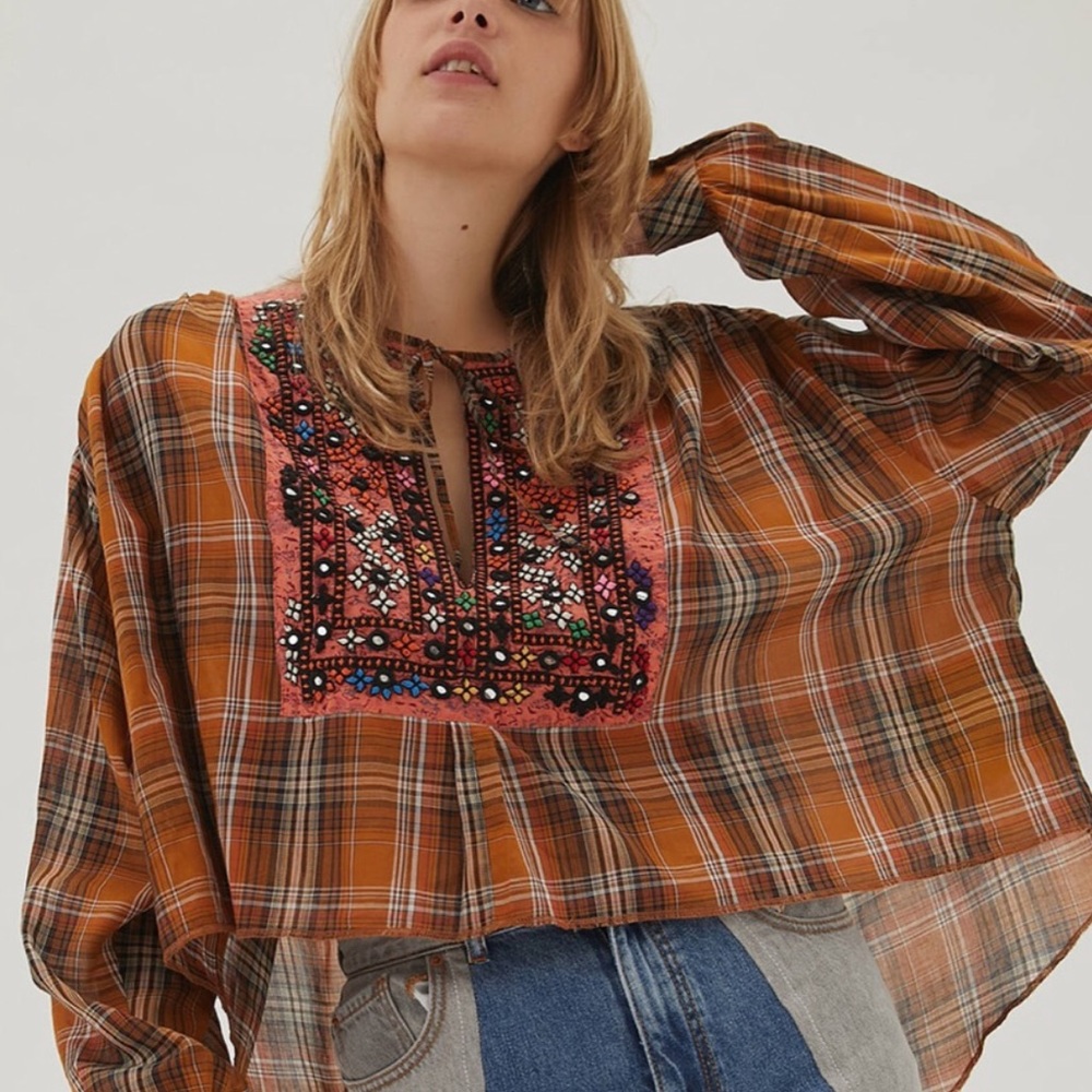 Kimchi Blue blouse boho crop top NWT Ryder plaid embroidered bohemian small